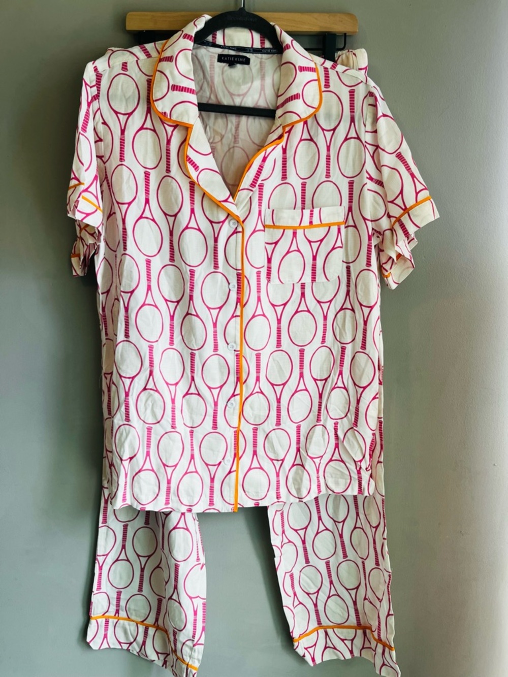Katie Kime Tennis Time Pajama Pants Set, Pink, White, & Orange (SIZE LARGE)